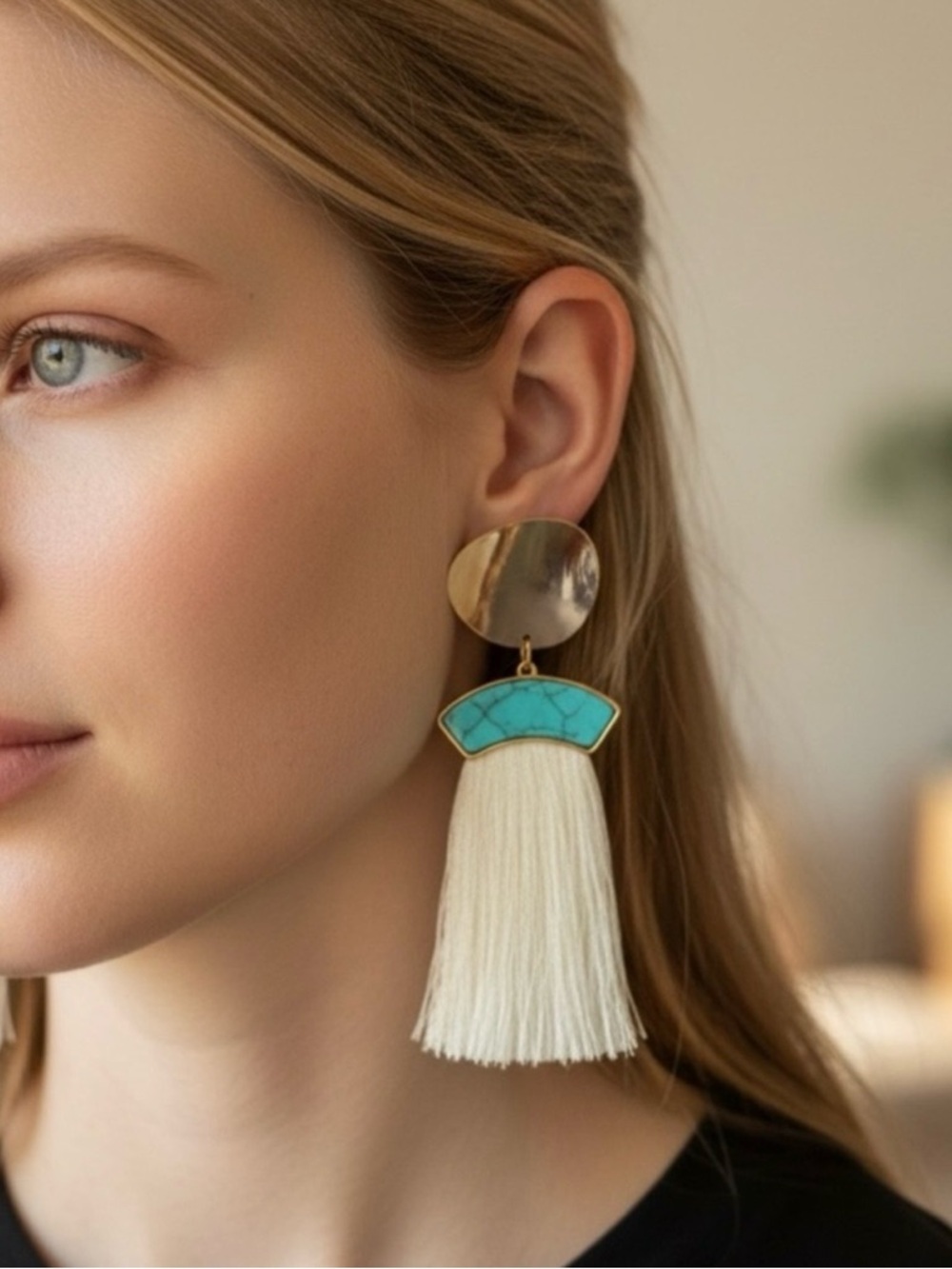 Boho Turquoise Tassel Earrings Gold Disc Statement Coastal Chic Sty Trendy Looks